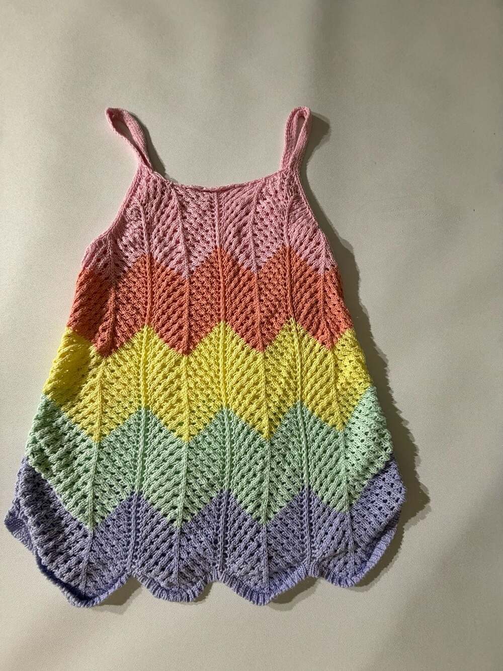 Girls 7Y Rainbow Chevron Crochet Knit Tank Top Pastel Cami Boho Summer